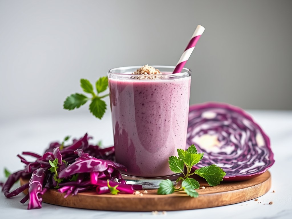 Smoothie met rode kool en bosbessen, AI-gegenereerde illustratie