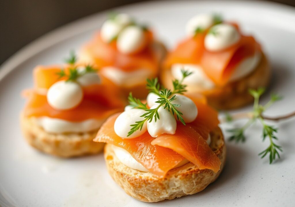 Snelle bladerdeeghapjes gevuld met kruidenkaas en gerookte zalm — AI-gegenereerde illustratie