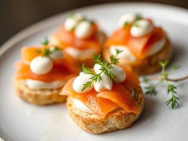 Snelle bladerdeeghapjes gevuld met kruidenkaas en gerookte zalm — AI-gegenereerde illustratie