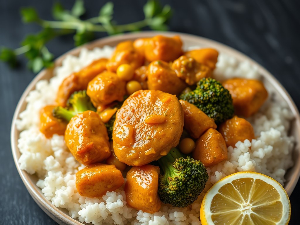 Snelle broccoli-kipcurry met amandelrijst, AI-gegenereerde illustratie