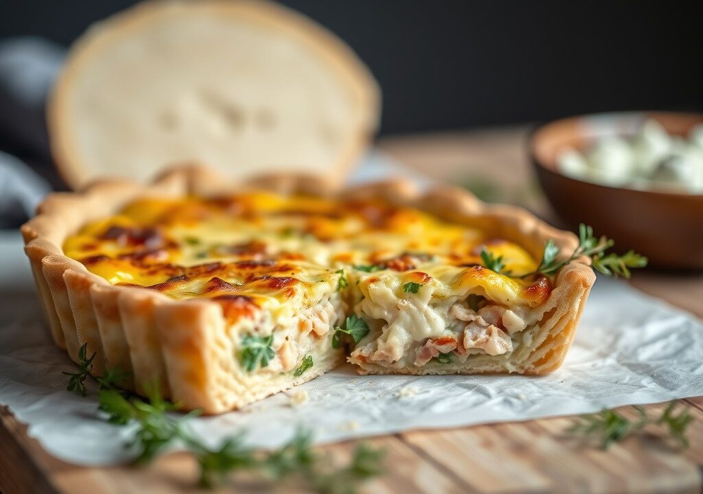 Snelle quiche van tonijn, kerstomaatjes en raketsla — AI-gegenereerde illustratie