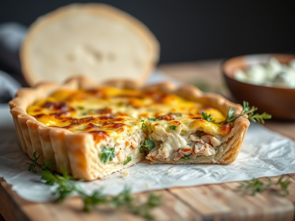 Snelle quiche van tonijn, kerstomaatjes en raketsla, AI-gegenereerde illustratie