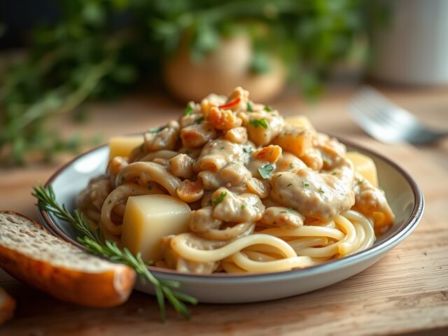 Snelle Stroganoff-schotel met aardappel — AI-gegenereerde illustratie