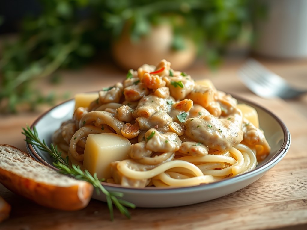 Snelle Stroganoff-schotel met aardappel, AI-gegenereerde illustratie