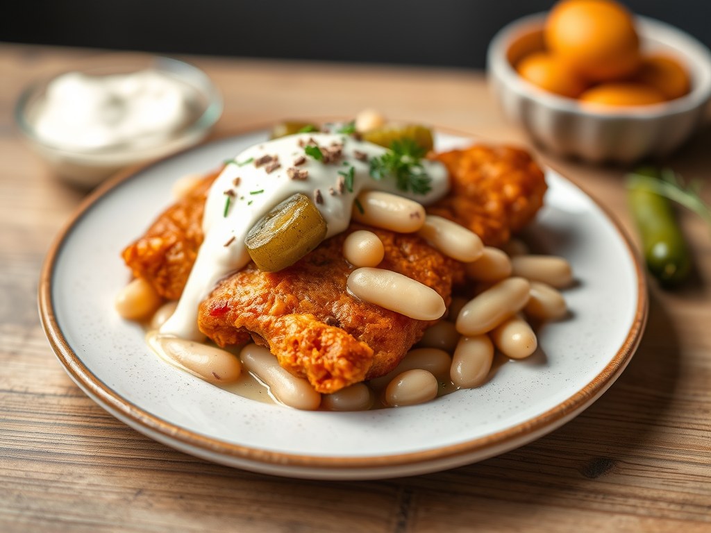 Snijbonen met pickels, room en witte bonen, AI-gegenereerde illustratie
