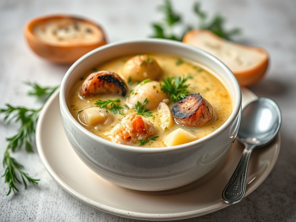 Soep ‘à la bouillabaisse’, AI-gegenereerde illustratie