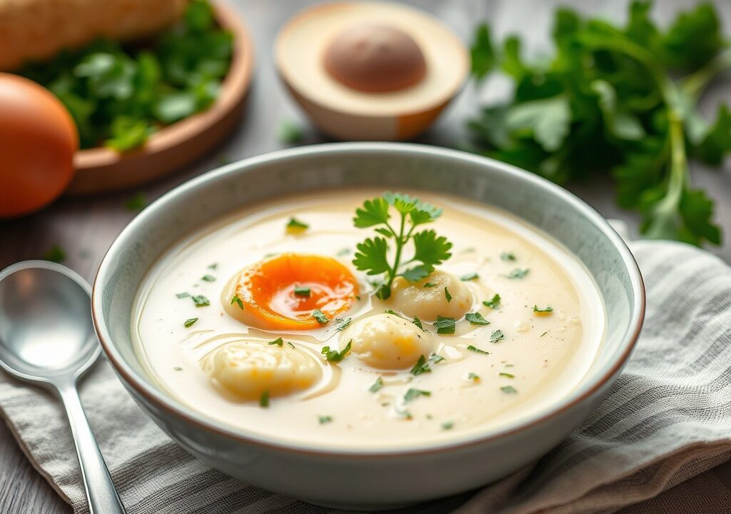 Soep met pannenkoekensliertjes — AI-gegenereerde illustratie