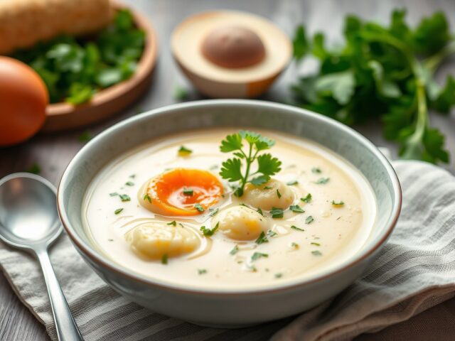 Soep met pannenkoekensliertjes — AI-gegenereerde illustratie