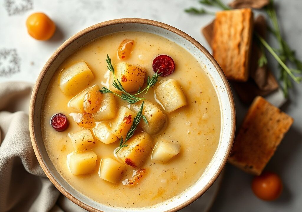 Soep van aardappelen en Comté met notenolie — AI-gegenereerde illustratie