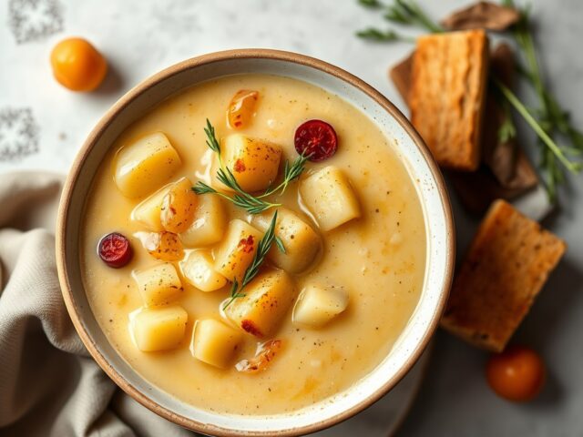 Soep van aardappelen en Comté met notenolie — AI-gegenereerde illustratie