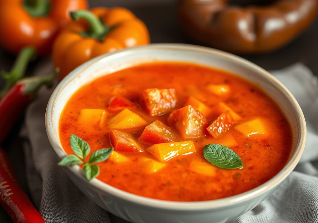 Soep van geroosterde paprika’s, AI-gegenereerde illustratie