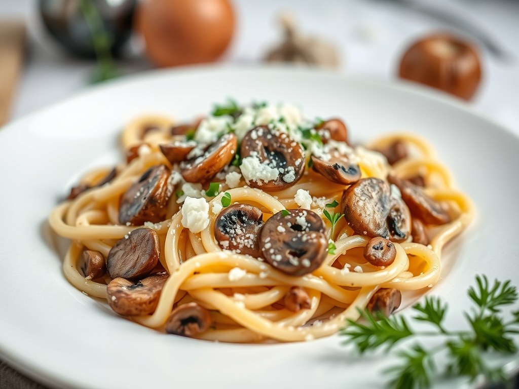 Spätzle met champignons en kaas, AI-gegenereerde illustratie