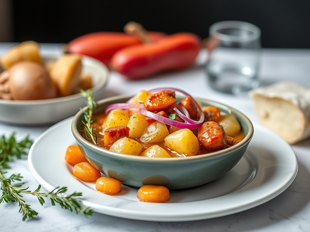 Spaans vispotje met chorizo, olijven, rode uien en aardappeltjes, AI-gegenereerde illustratie