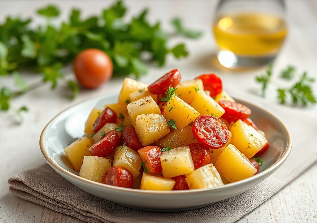 Spaanse aardappelsalade met een verhaal, AI-gegenereerde illustratie