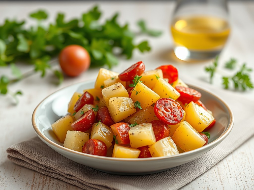 Spaanse aardappelsalade met een verhaal, AI-gegenereerde illustratie