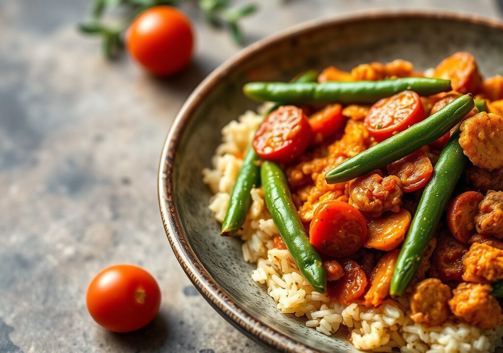 Spaanse sperziebonenstoof met chorizo, tomaat en kerrierijst, AI-gegenereerde illustratie