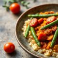 Spaanse sperziebonenstoof met chorizo, tomaat en kerrierijst