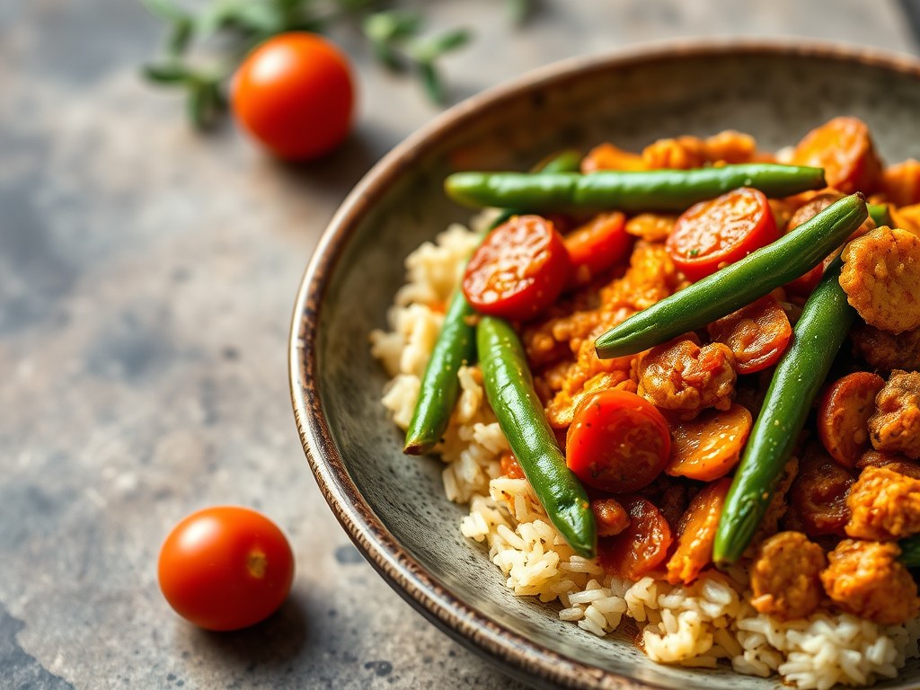 Spaanse sperziebonenstoof met chorizo, tomaat en kerrierijst, AI-gegenereerde illustratie