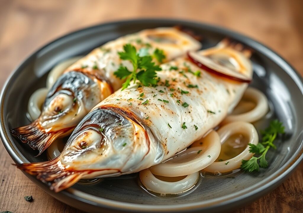 Spaanse visschotel: Pescado al horno els pescador — AI-gegenereerde illustratie