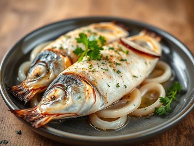 Spaanse visschotel: Pescado al horno els pescador — AI-gegenereerde illustratie