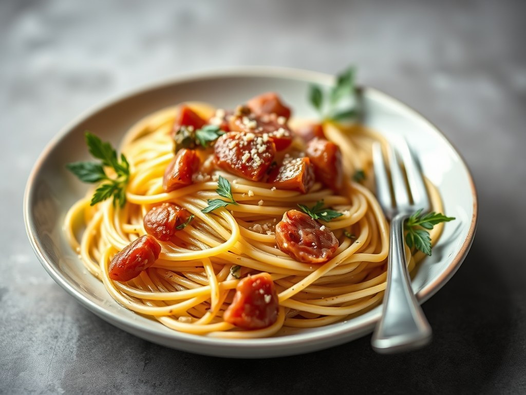 Spaghetti aglio olio met sucuk, AI-gegenereerde illustratie