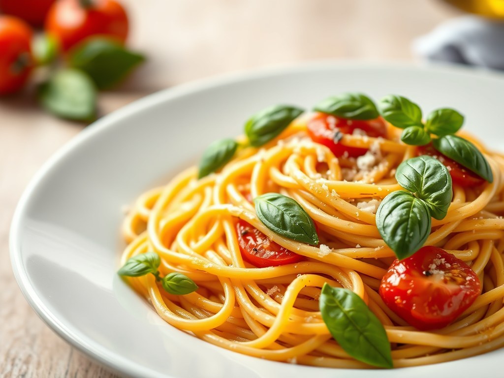 Spaghetti aglio olio met tomaat, AI-gegenereerde illustratie