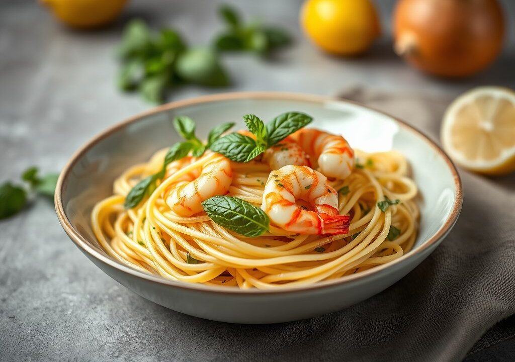 Spaghetti Ajo, Ojo e Pepperonico met Citroen, Mint en Garnalen — AI-gegenereerde illustratie