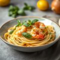 Spaghetti Ajo, Ojo e Pepperonico met Citroen, Mint en Garnalen