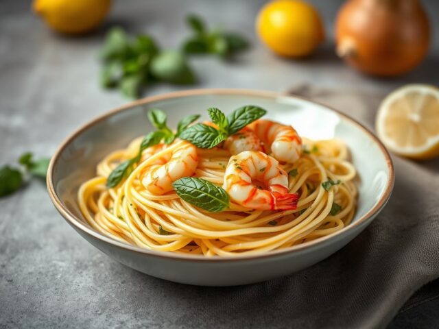 Spaghetti Ajo, Ojo e Pepperonico met Citroen, Mint en Garnalen — AI-gegenereerde illustratie