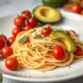 Spaghetti al aglio e oglio met cherrytomaatjes en avocado