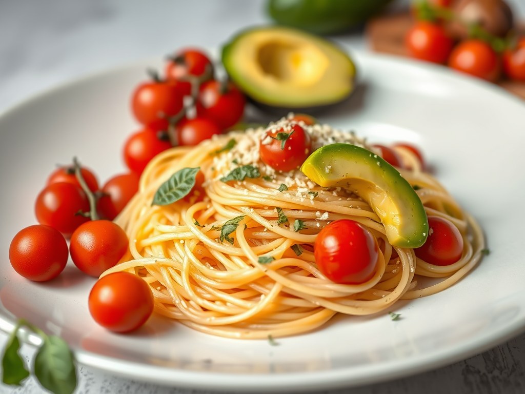Spaghetti al aglio e oglio met cherrytomaatjes en avocado, AI-gegenereerde illustratie