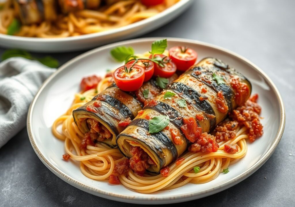 Spaghetti-aubergine rolletjes — AI-gegenereerde illustratie