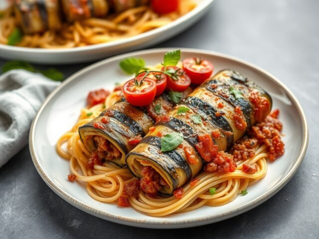 Spaghetti-aubergine rolletjes — AI-gegenereerde illustratie