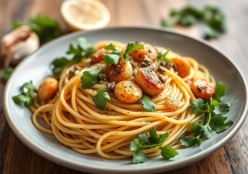Spaghetti con gamberetti e rucola, AI-gegenereerde illustratie