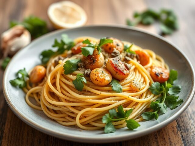 Spaghetti con gamberetti e rucola — AI-gegenereerde illustratie