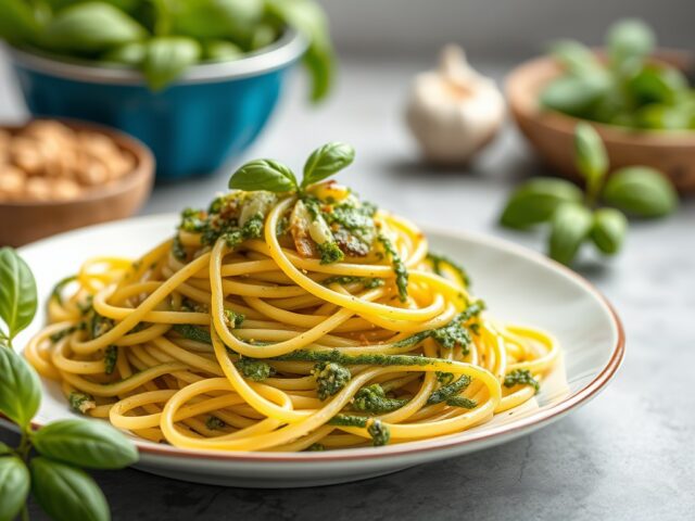 Spaghetti courgetti met pesto — AI-gegenereerde illustratie