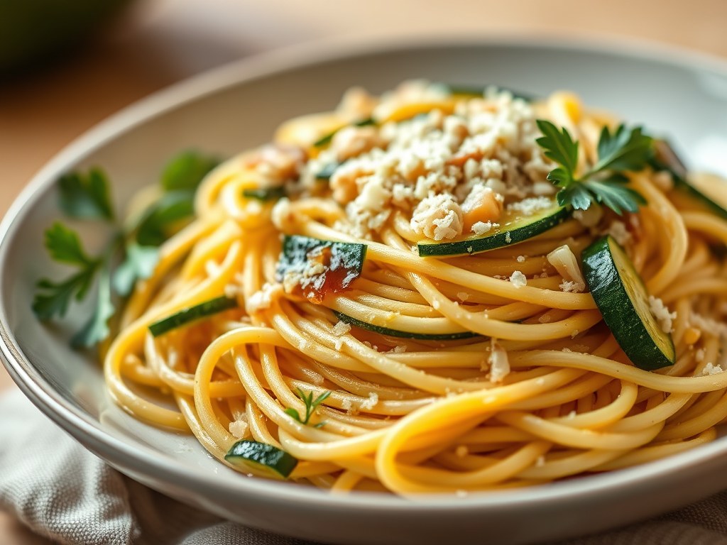 Spaghetti met courgettesaus, AI-gegenereerde illustratie