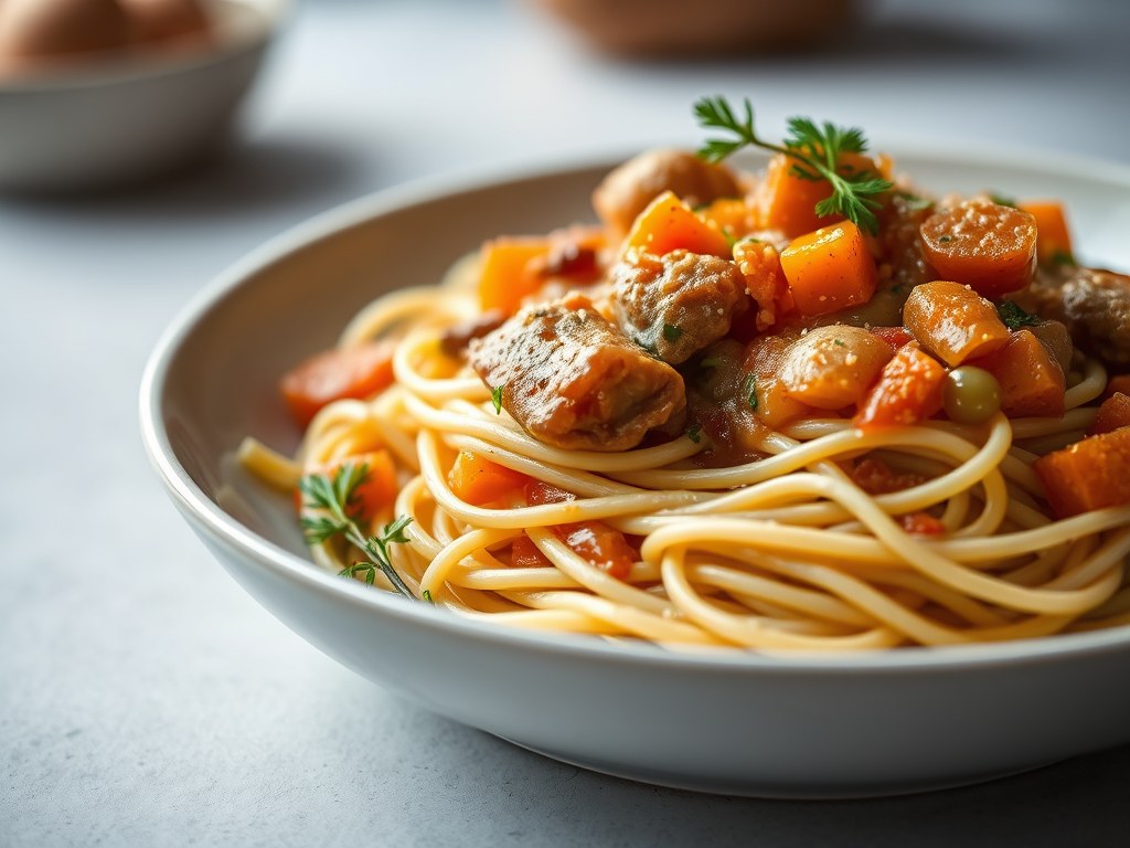 Spaghetti met groentesaus en worstjesvlees, AI-gegenereerde illustratie