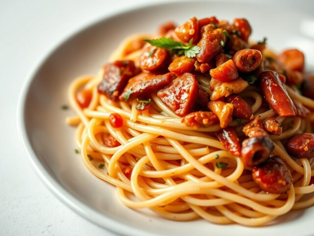 Spaghetti met kokkels en chorizo — AI-gegenereerde illustratie