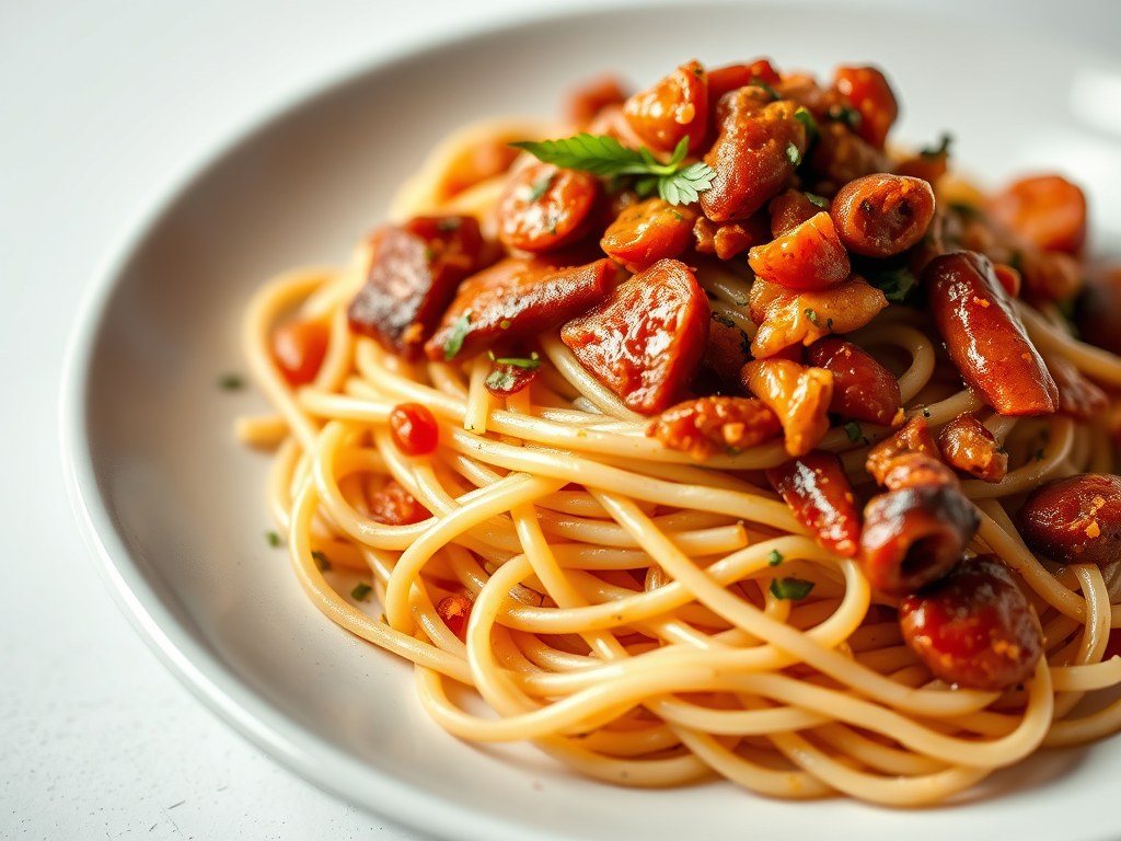 Spaghetti met kokkels en chorizo, AI-gegenereerde illustratie