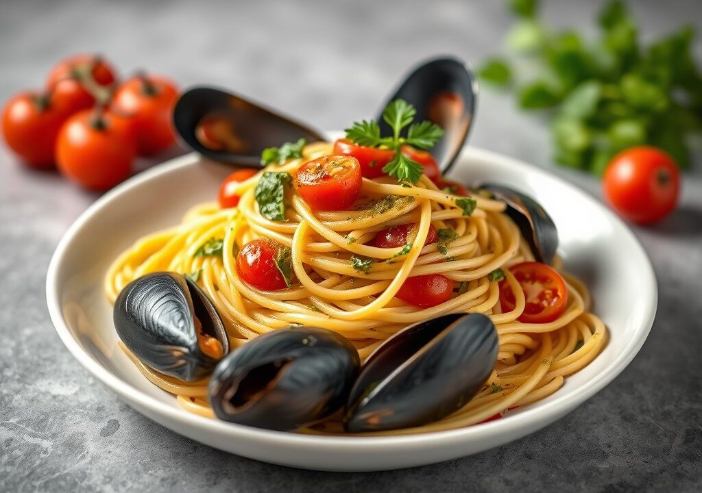 Spaghetti met mosselen en pesto, AI-gegenereerde illustratie