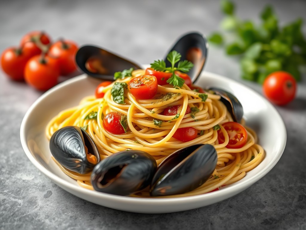 Spaghetti met mosselen en pesto, AI-gegenereerde illustratie