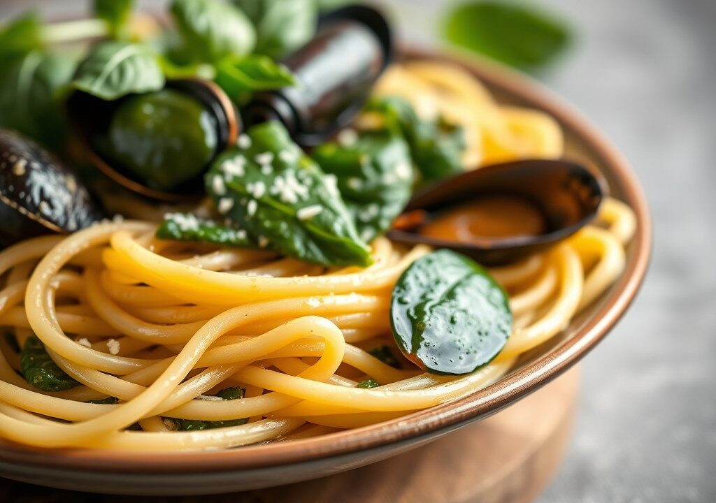 Spaghetti met mosselen en spinazie — AI-gegenereerde illustratie