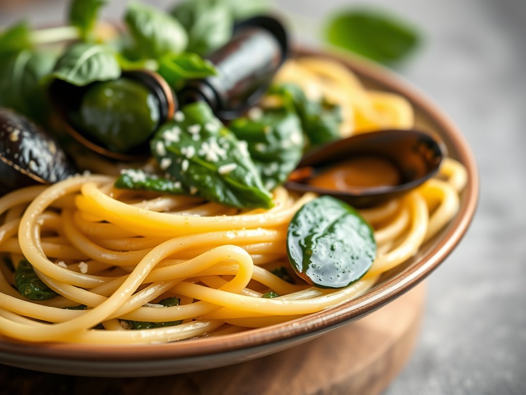 Spaghetti met mosselen en spinazie, AI-gegenereerde illustratie