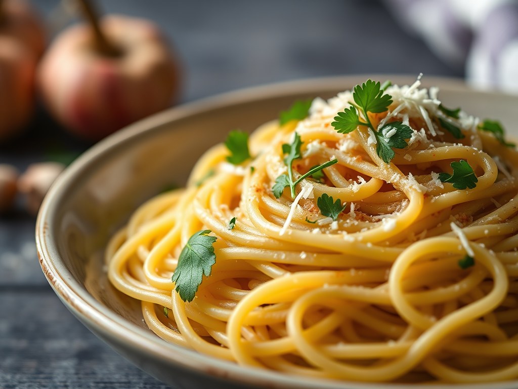 Spaghetti met op Smaak Gebracht Broodkruim, AI-gegenereerde illustratie