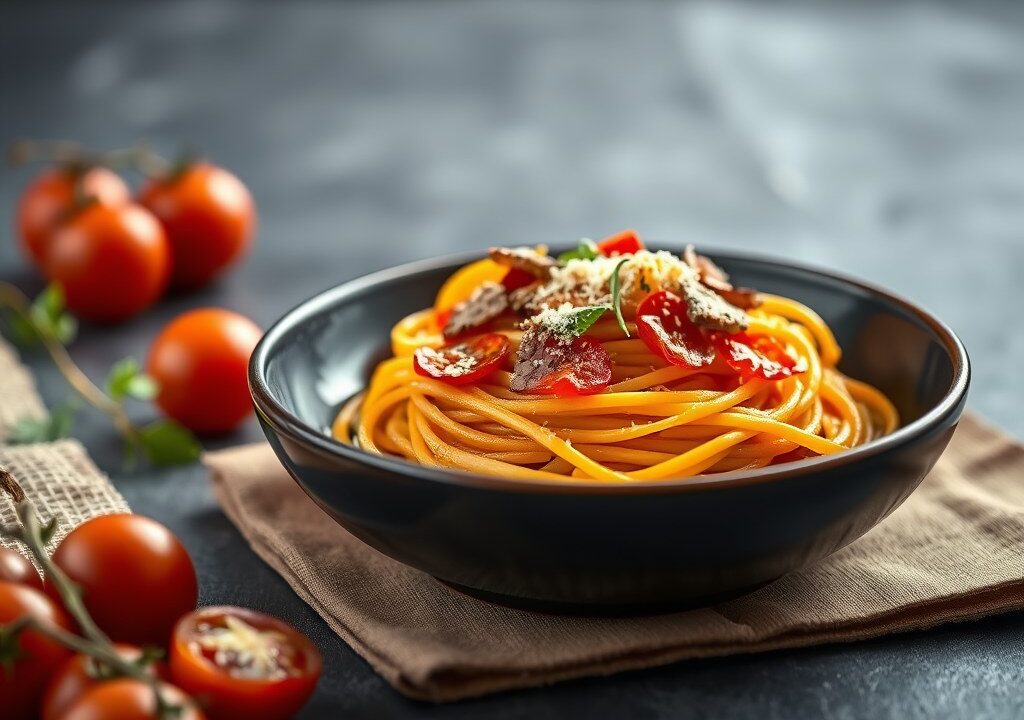 Spaghetti met pompoen en pancetta, AI-gegenereerde illustratie