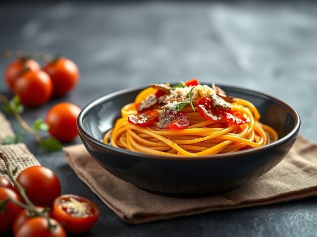 Spaghetti met pompoen en pancetta — AI-gegenereerde illustratie