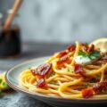Spaghetti met prei, bacon, mascarpone en citroen