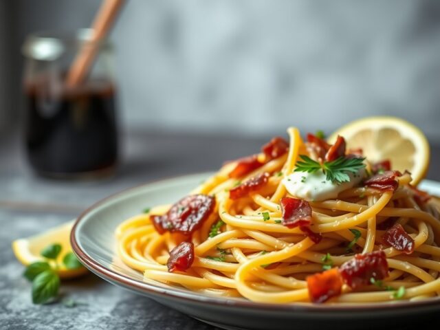 Spaghetti met prei, bacon, mascarpone en citroen — AI-gegenereerde illustratie
