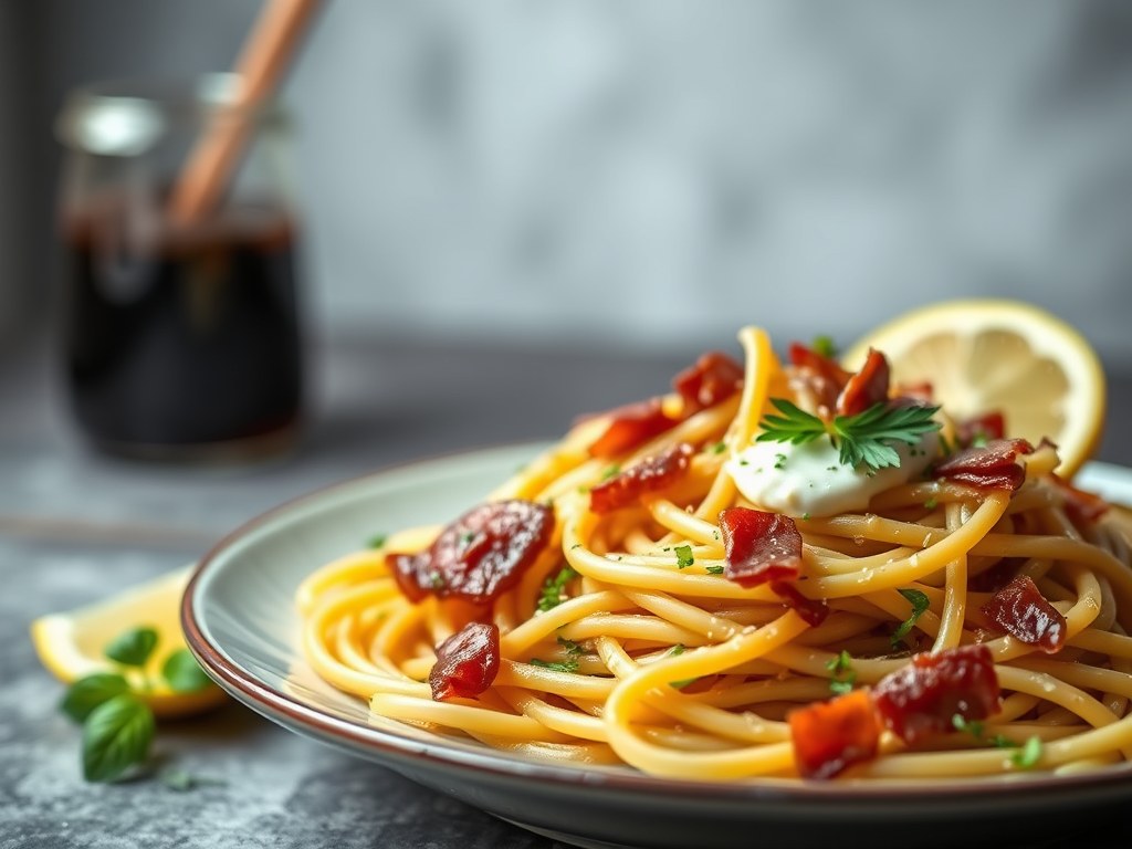 Spaghetti met prei, bacon, mascarpone en citroen, AI-gegenereerde illustratie
